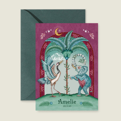 Geboortekaartje Crane Bird And Elephant Red - Story of July