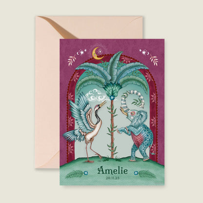 Geboortekaartje Crane Bird And Elephant Red - Story of July