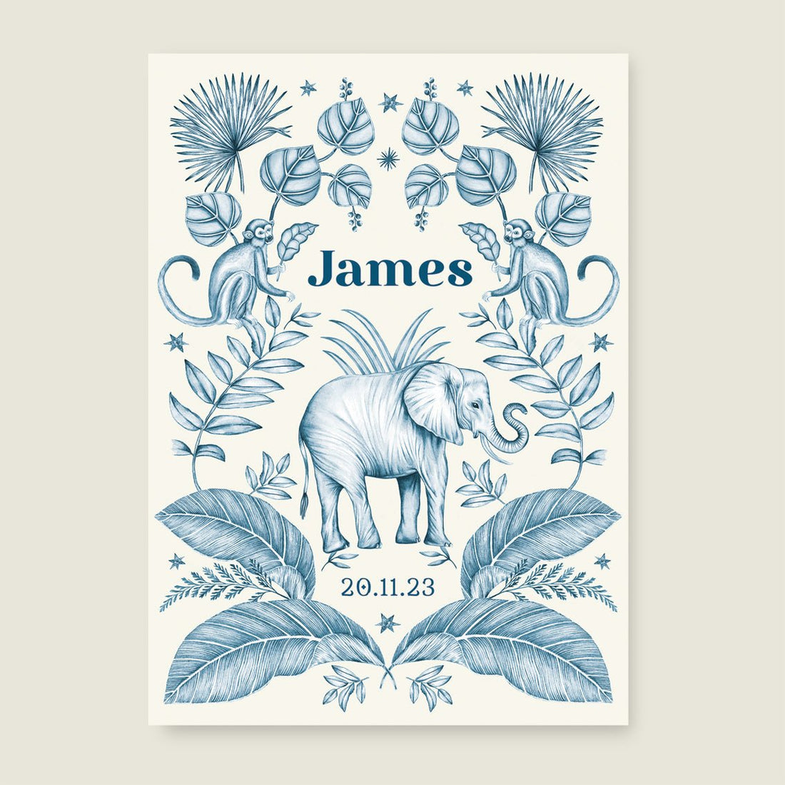 Geboortekaartje Elephant And The Monkey Blue - Story of July