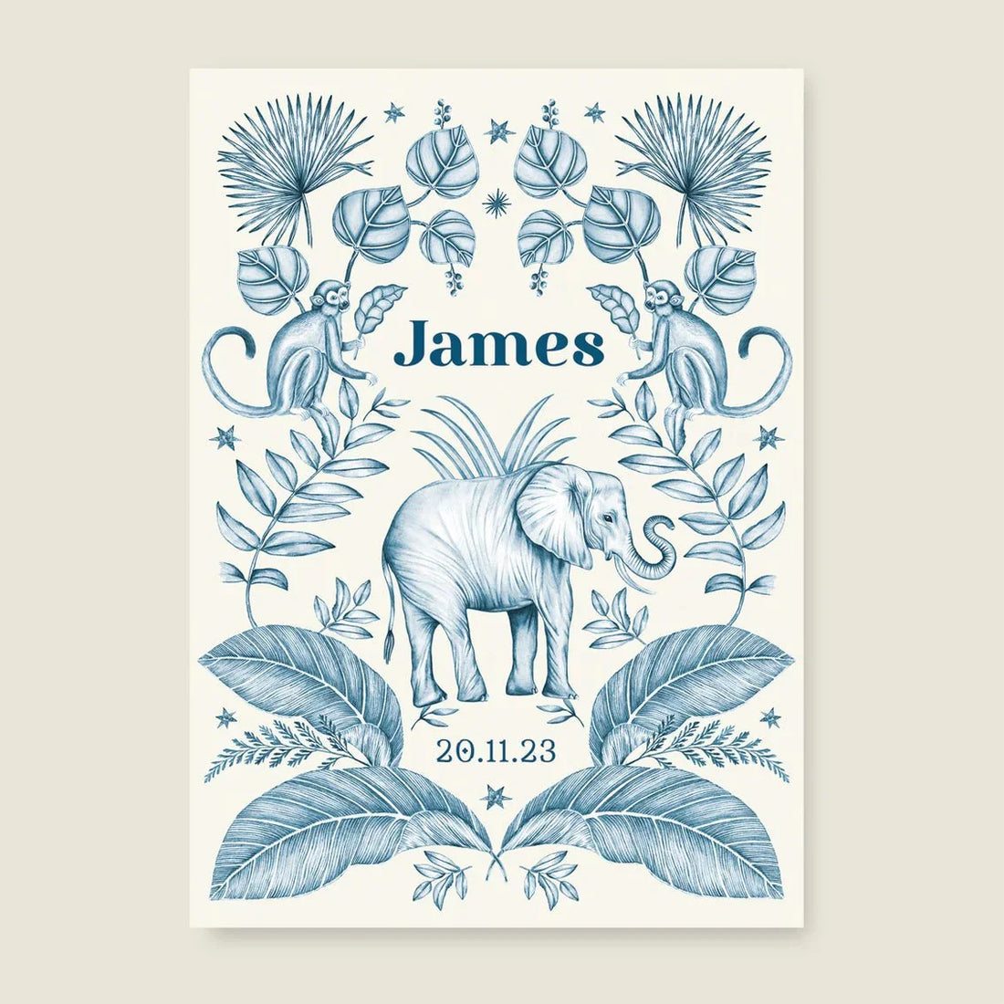 Geboortekaartje Elephant And The Monkey Blue - Story of July