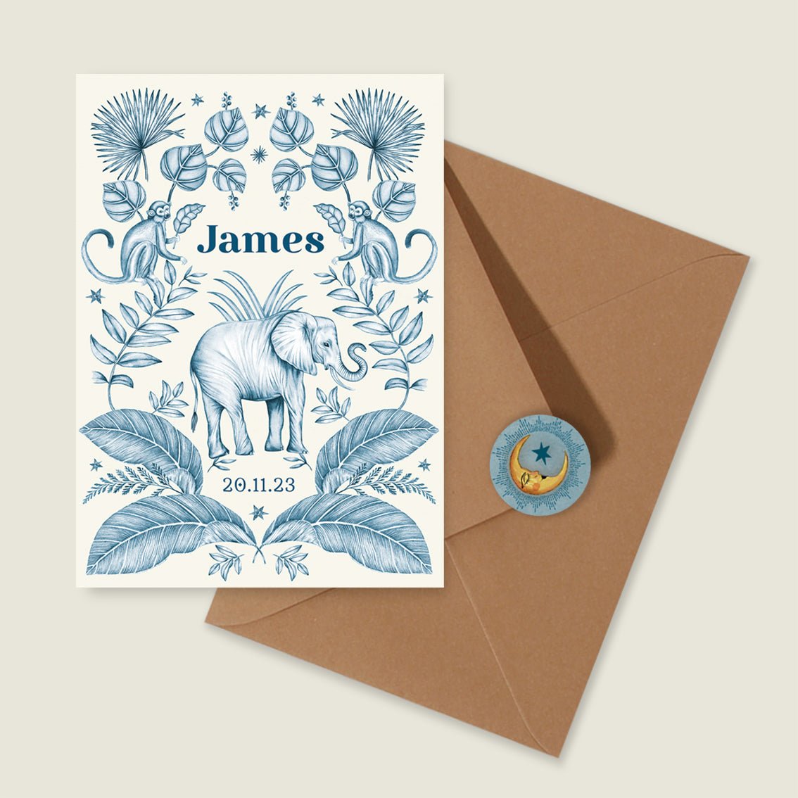Geboortekaartje Elephant And The Monkey Blue - Story of July