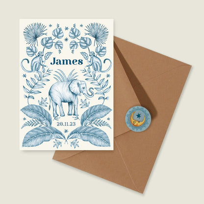 Geboortekaartje Elephant And The Monkey Blue - Story of July