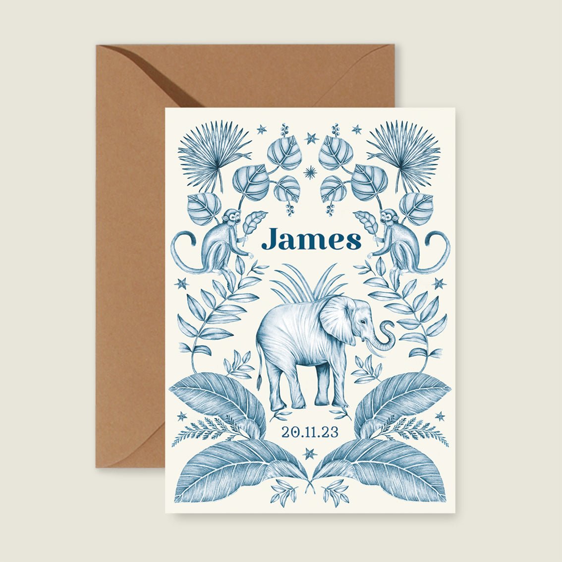 Geboortekaartje Elephant And The Monkey Blue - Story of July