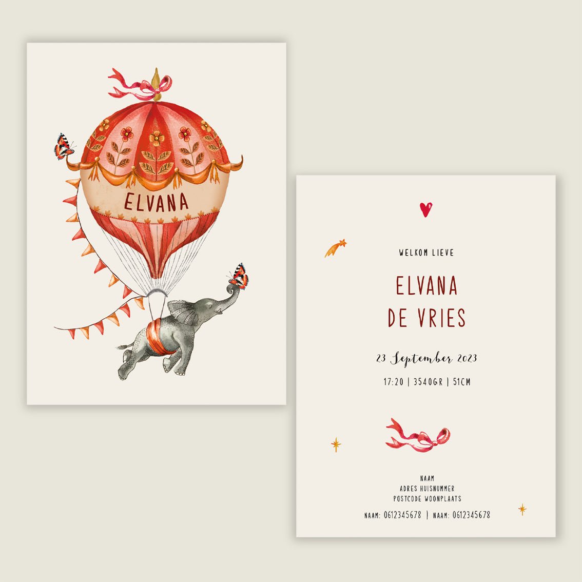 Geboortekaartje Elephant Balloon Orange - Story of July