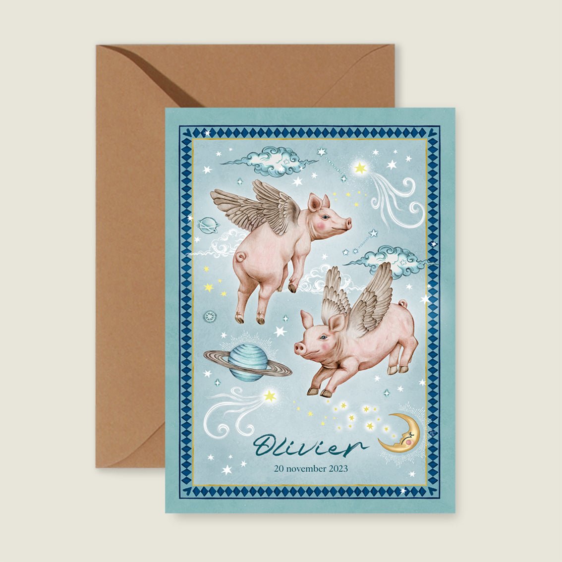 Geboortekaartje Flying Pigs - Story of July