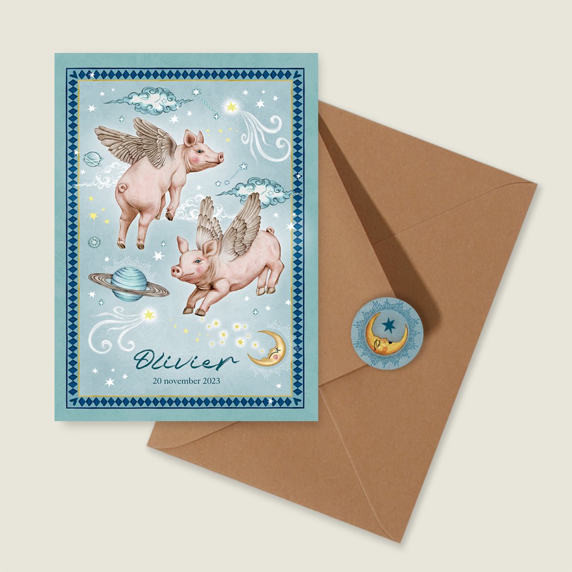 Geboortekaartje Flying Pigs - Story of July