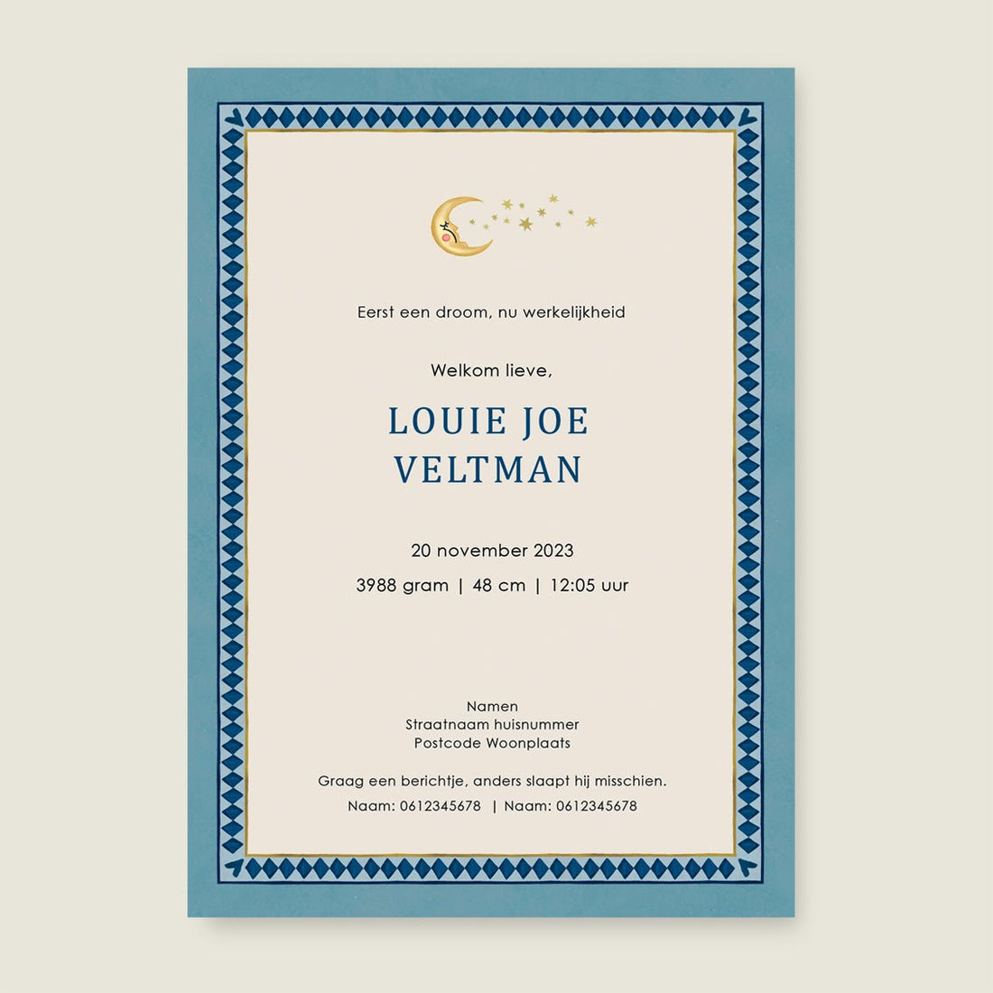 Geboortekaartje Lion And The Giraffe Dark Blue - Story of July