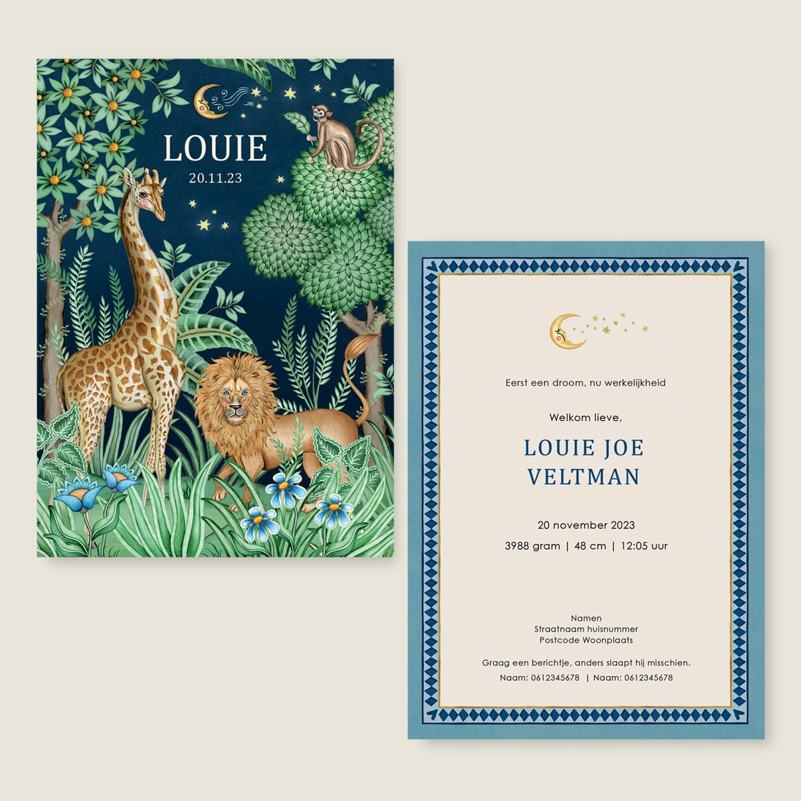 Geboortekaartje Lion And The Giraffe Dark Blue - Story of July