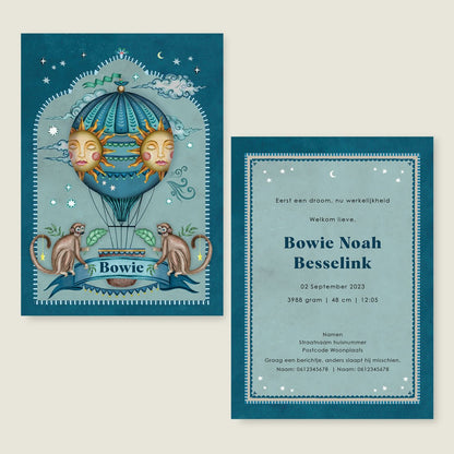 Geboortekaartje Monkey Balloon Blue - Story of July