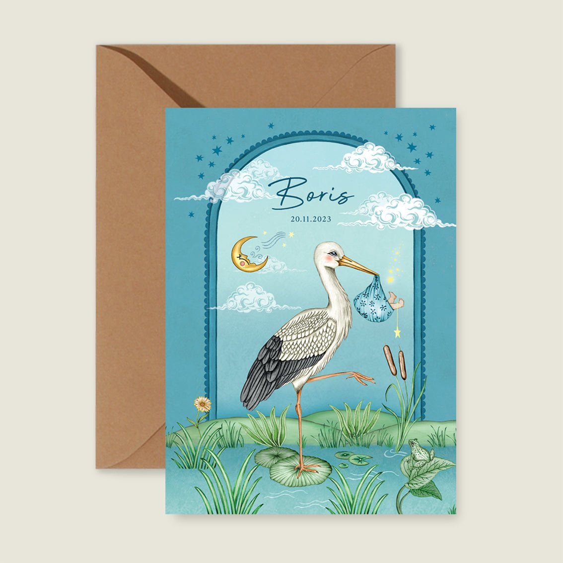 Geboortekaartje Stork And Baby Blue - Story of July