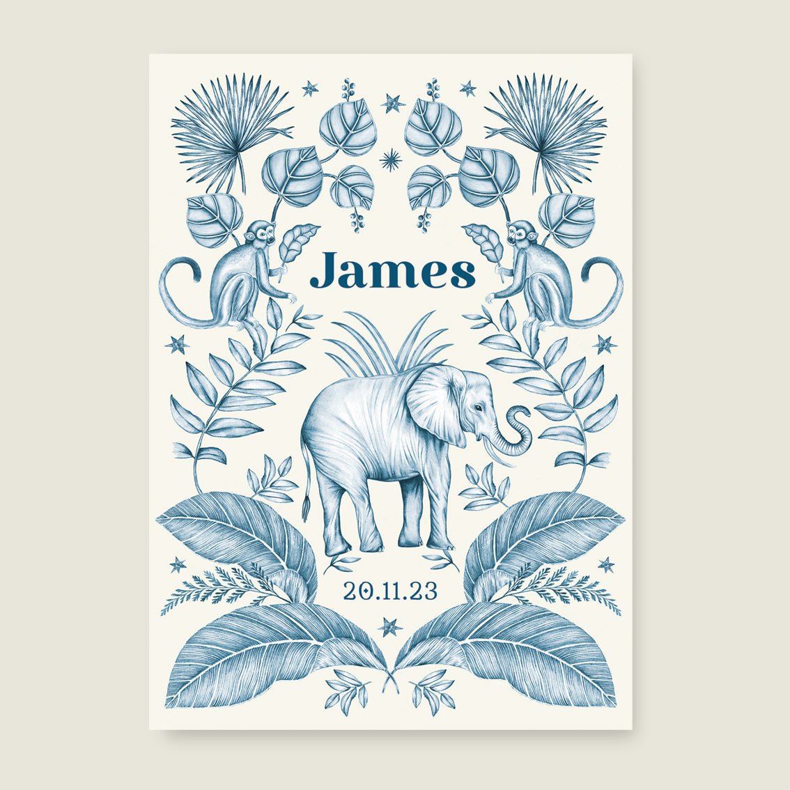 Print Elephant And The Monkey Blue - Story of July