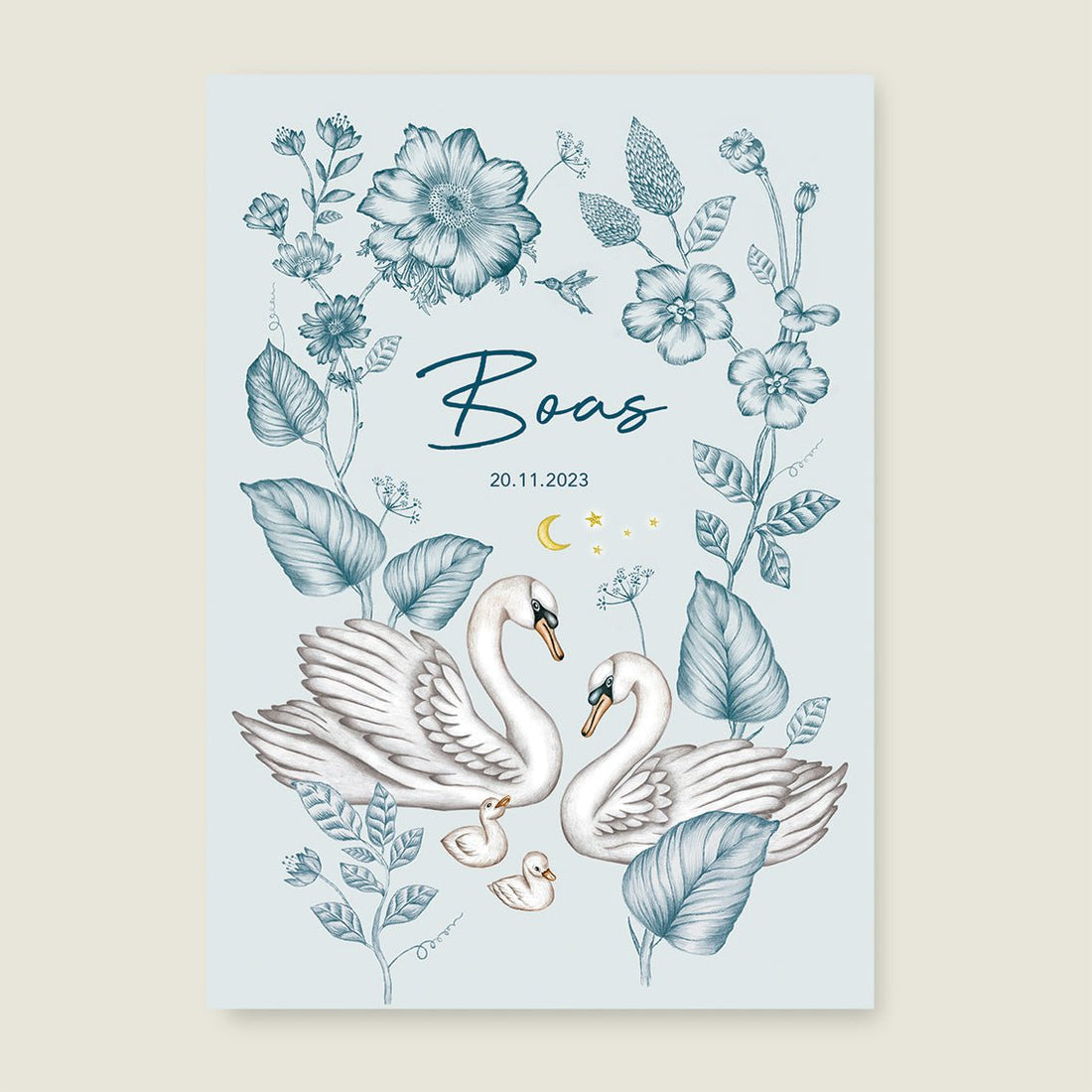 Print Swan Flowers Family Blue - Story of July