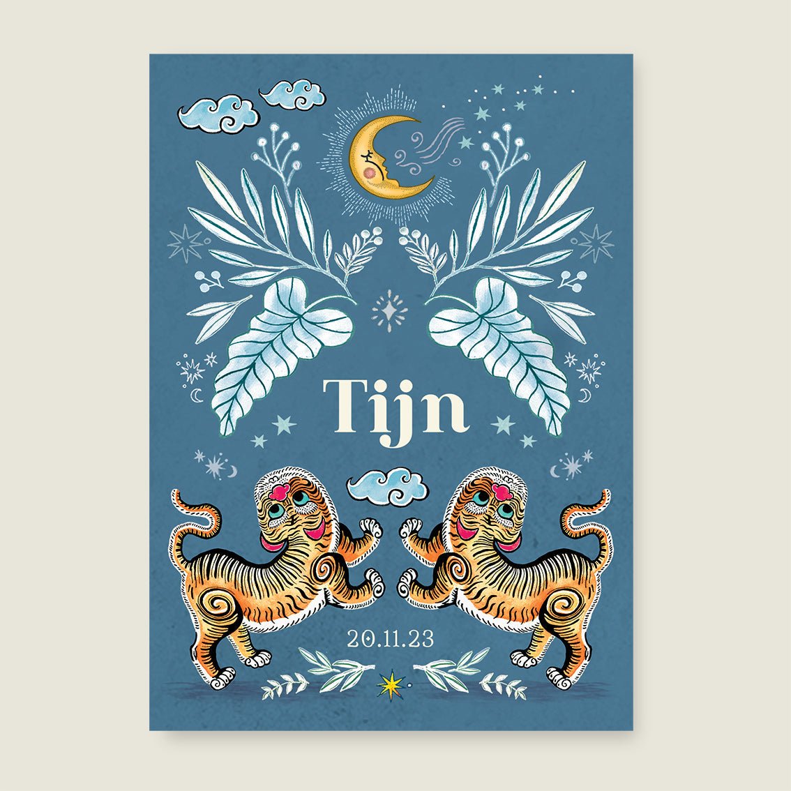 Print Two Pretty Tigers Blauw - Story of July