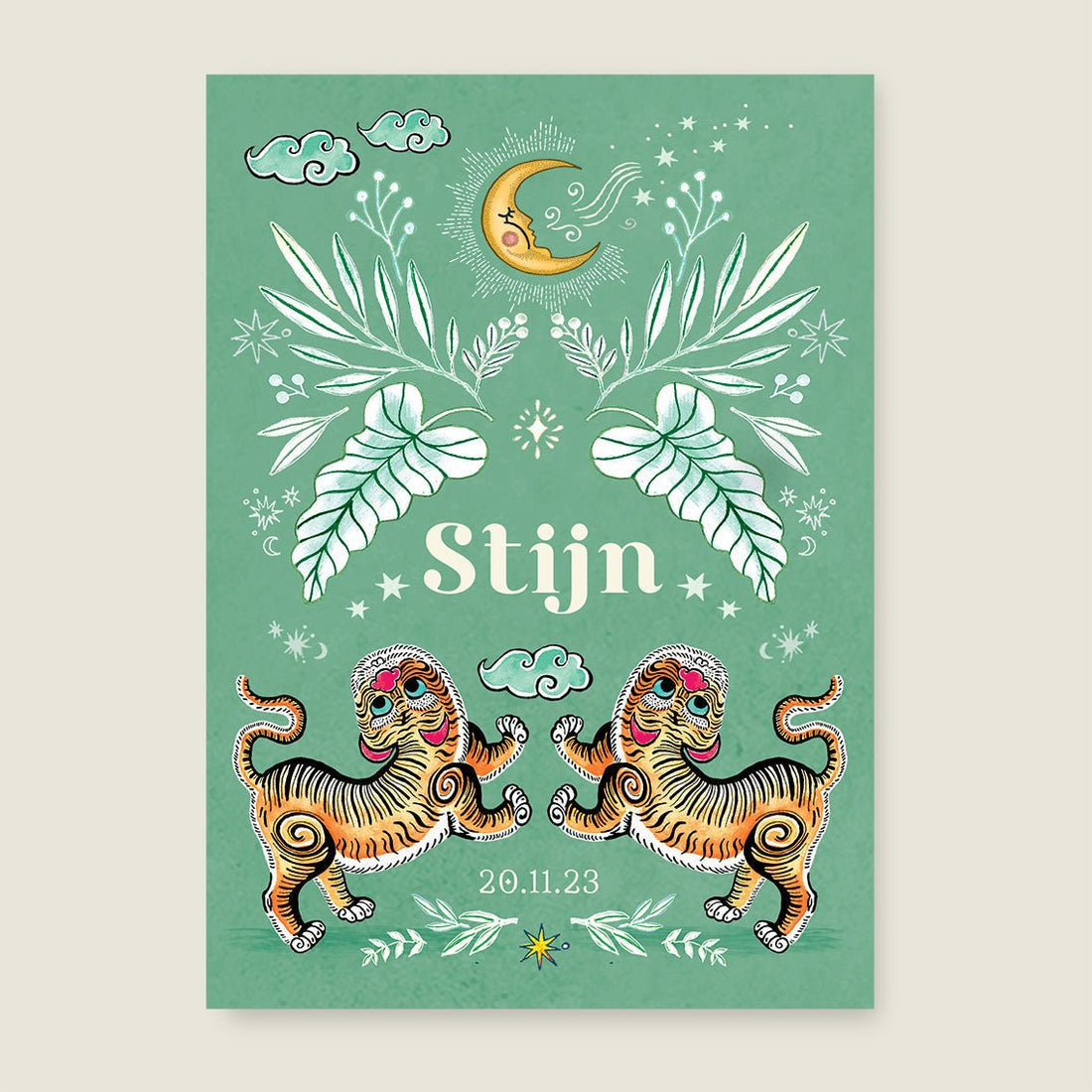 Print Two Pretty Tigers Groen - Story of July